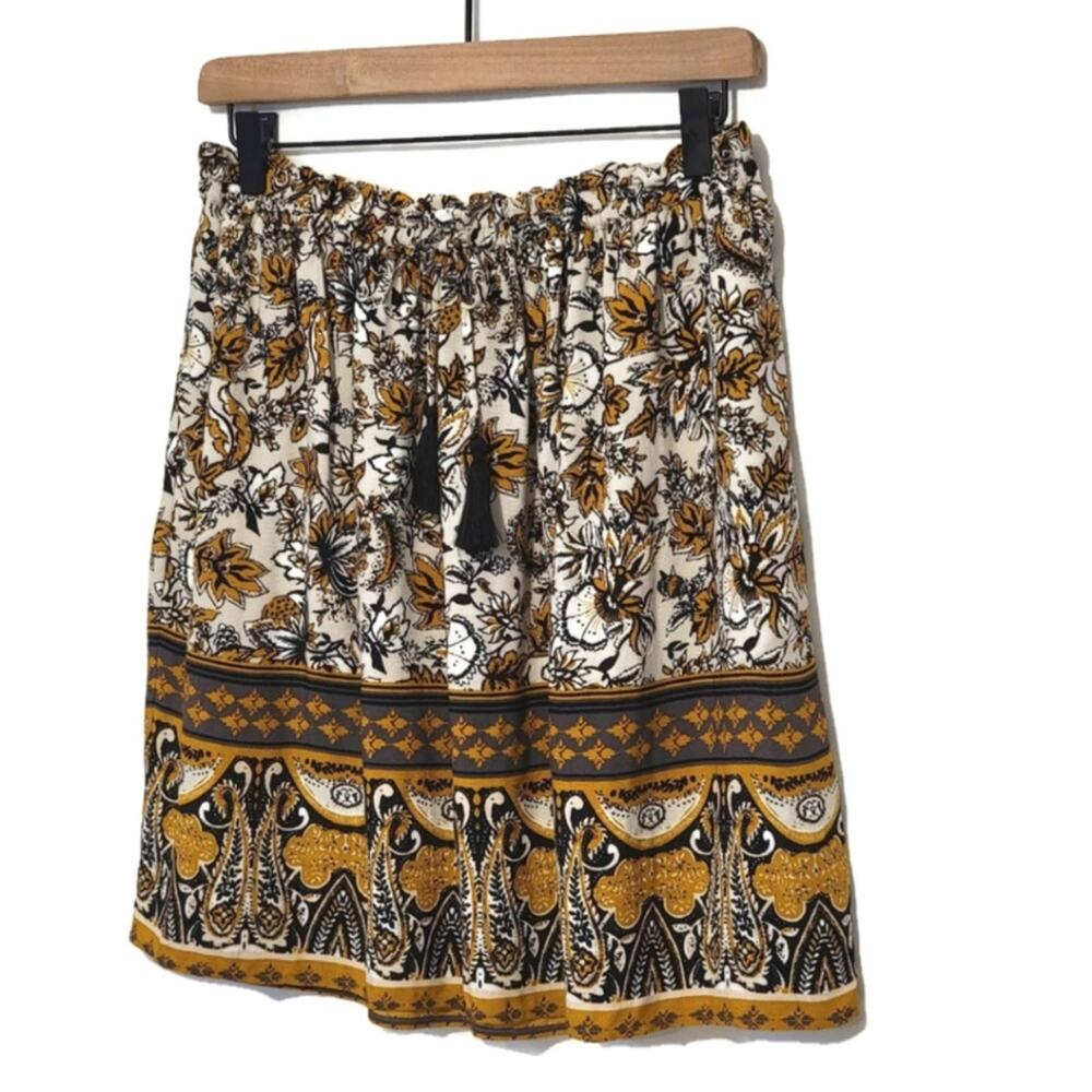 Garnet Hill Paisley Floral Pull On Elastic Waist Skirt Mustard Black Size S Boho - Picture 4 of 10